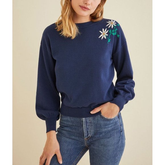 Amour Vert Sweaters - Amour Vert Awilda Sweater Daisy Intarsia Puff Sleeve M18